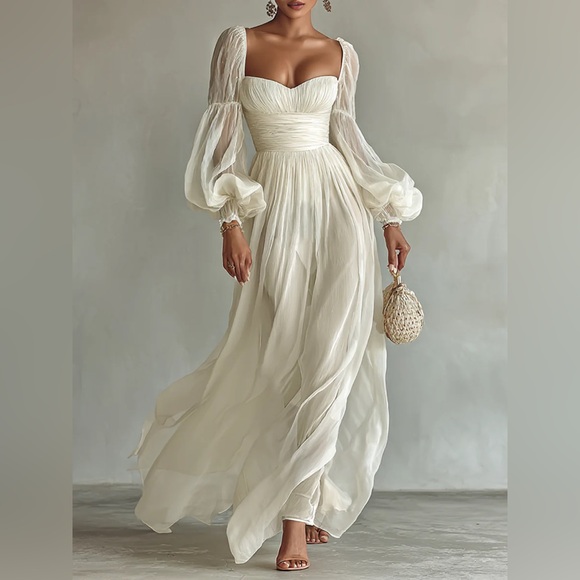 Chiffon Square Neck Long Sleeve Waist Maxi Dress - Picture 1 of 7